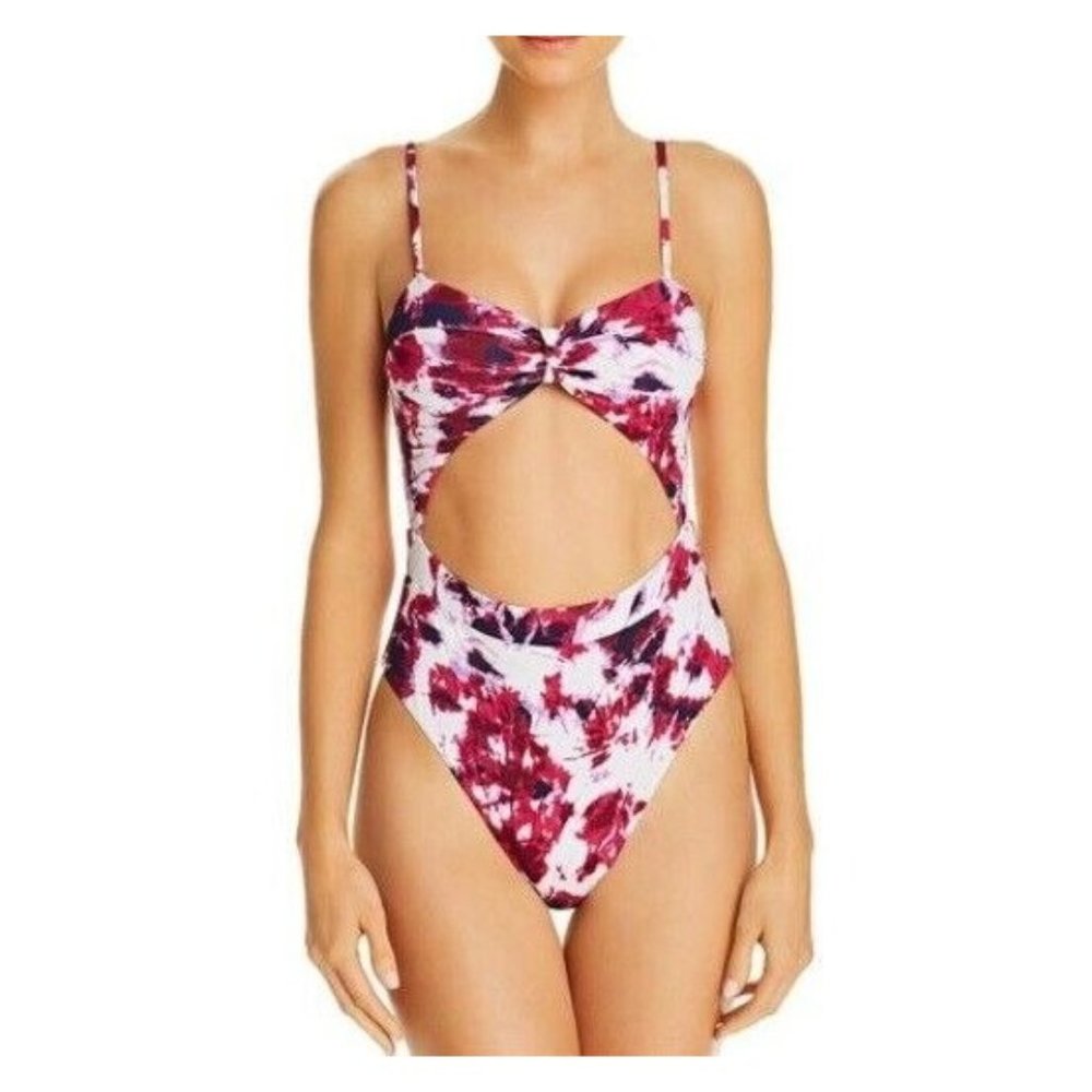 AQUA One Piece Swimsuit Size Small Watercolor Star Pink Cut Out Tie Front